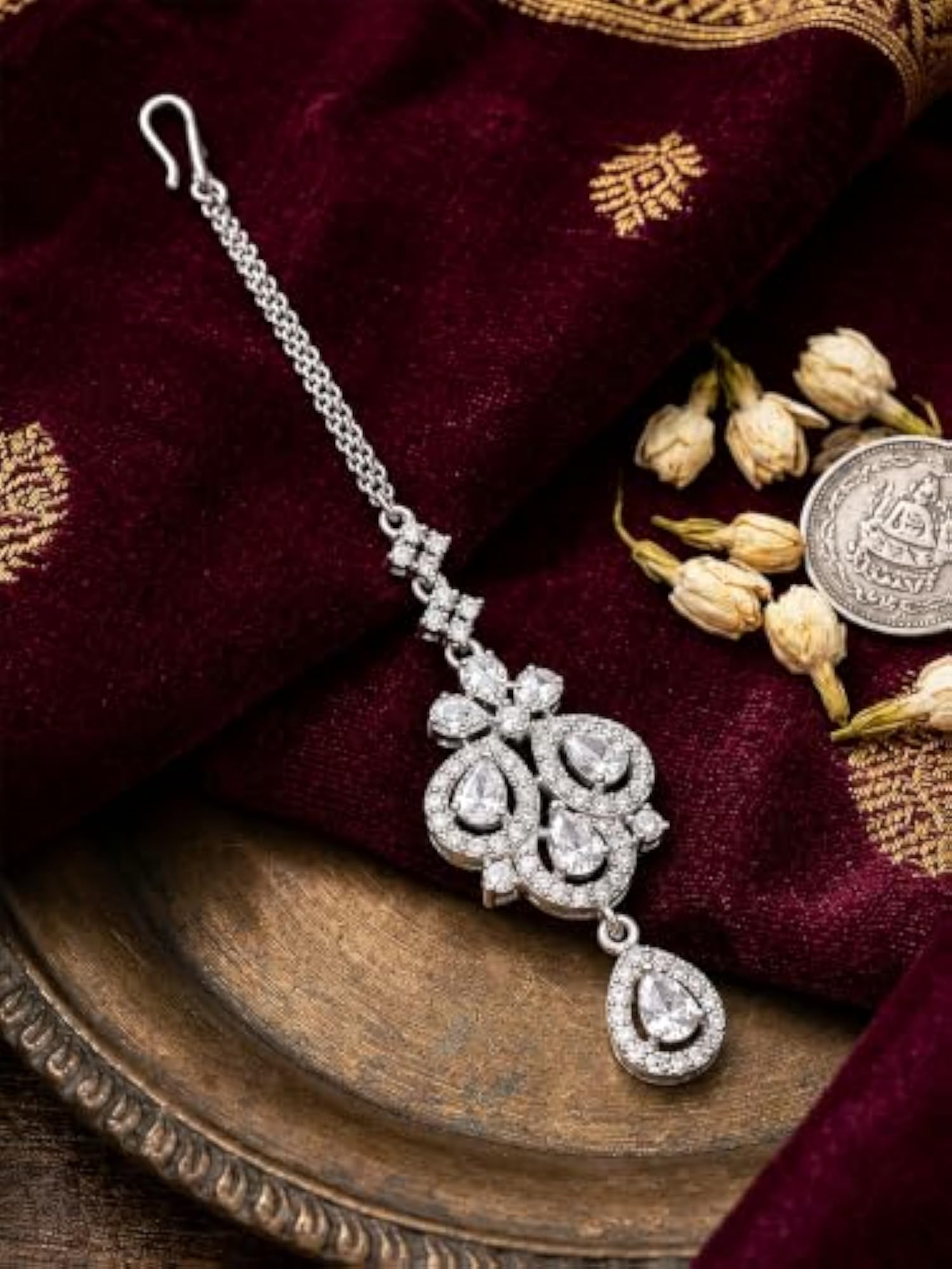 Stylish American Diamond Rhodium Plated Maang Tikka for Weddings