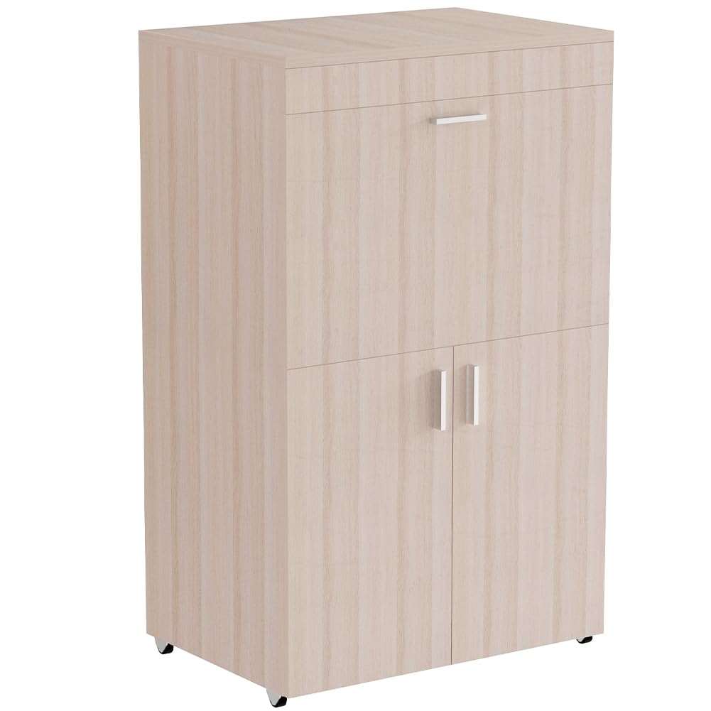 Shally Dogan Mobile Asse da Stiro a Scomparsa Salvaspazio Richiudibile, Mobiletto Pieghevole Telaio in Legno per Stiratura Veloce, 4 Ruote per Spostamento, Ideale Lavanderia, Bagno (Olmo)