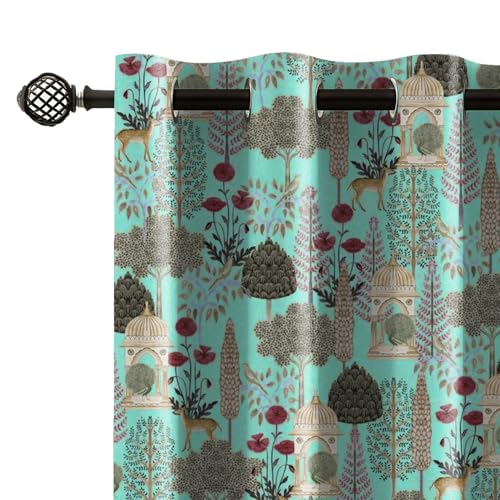Image of LINENWALAS Pichwai Printed 100% Blackout Curtains for 7 Feet Door Set of 2 Panels, Thermal Insulated, Noise Reducing Luxury Drapes, Heritage Art Inspired Premium Curtains for Living Room (Aqua)