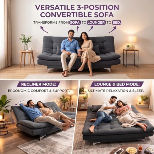 Image of INNOWIN Avantha Sofa Cum Bed 3 Seater Velvet Fabric with Two Cushions Perfect for Home Living Room Office and Guests (Grey)