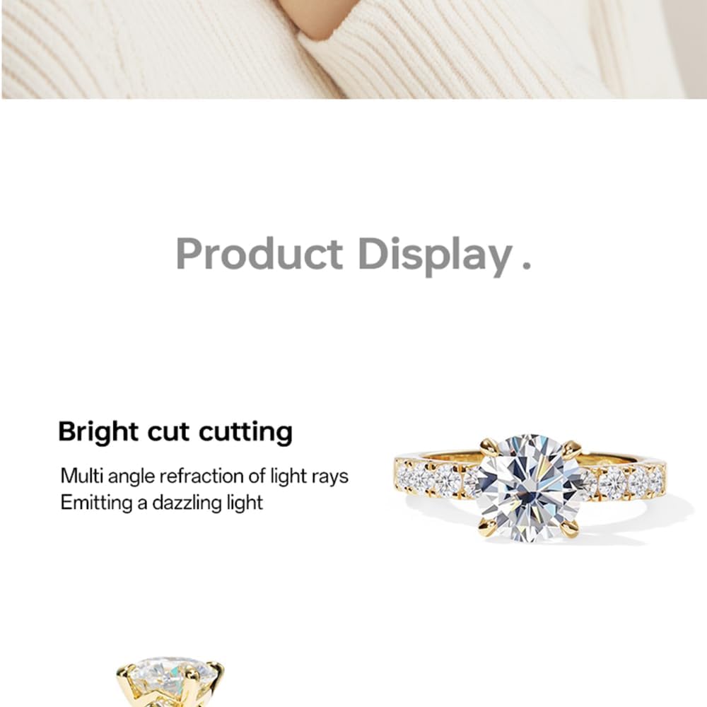 3.5ct Moissanite Engagement Rings for Women, 4 Prong Round Cut D Color VVS1 18K Gold Plated 925 Sterling Silver, Cut Lab Created Diamond Wedding Promise Jewelry
