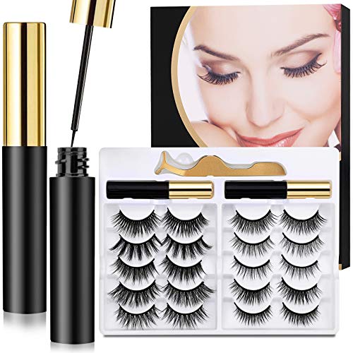 Magnetic Eyelashes with Eyeliner Kit-10 Pairs Magnetic Eyelashes and 2 Tubes of Magnetic Eyeliner Kit with Tweezers- No Glue Need Natural Look & Reusable False lashes