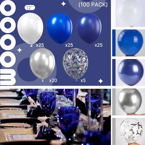 Image of PartyWoo Blue and Silver Balloons 100 pcs 12 Inch Navy Royal Blue White Silver Confetti Helium Balloons for Graduation New Year Weddings Father's Day Baby Shower Birthday Party Decorations