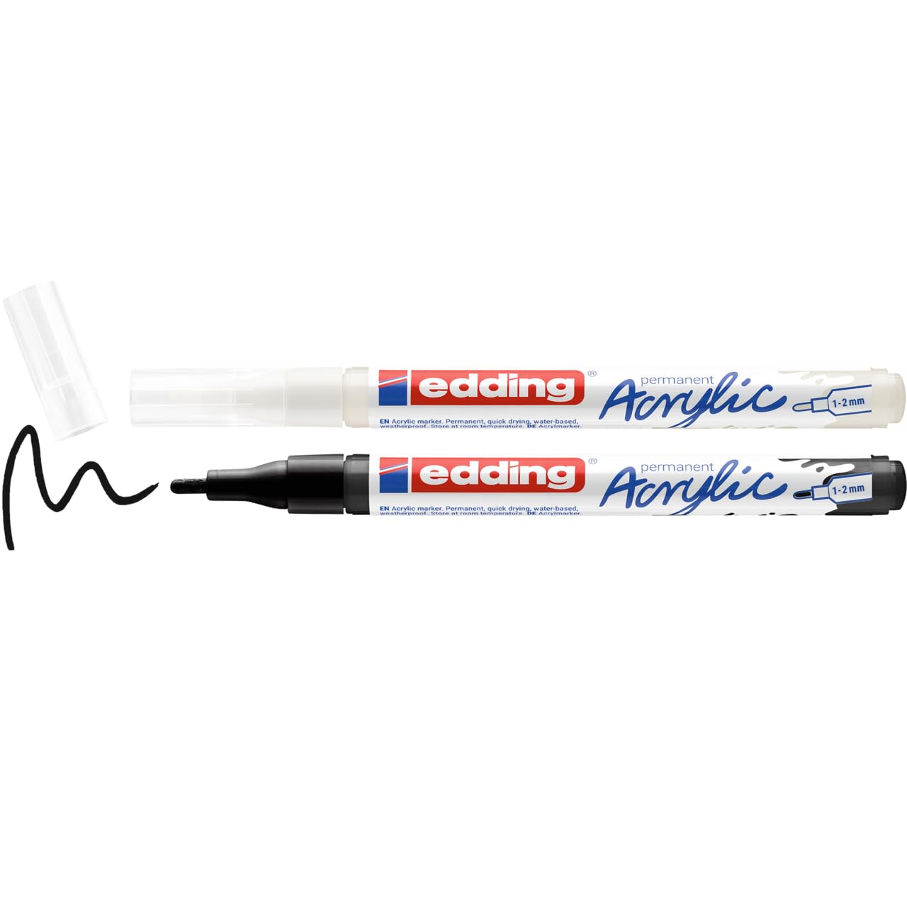 edding 5300 acrylic 2-piece set – black & white – 2 waterproof acrylic markers – fine round tip 1–2 mm – acrylic pens for contours & details – painting on canvas, paper, wood, stone, terracotta