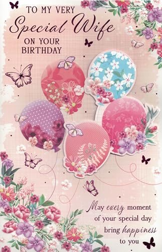 OCCASIONS EXPRESS Tarjeta de cumpleaños de esposa extra grande. Inserto de 8 páginas. Globos rosas... 12 x 8 pulgadas. EO.