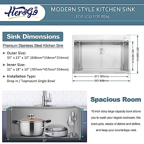 33x22Inch Drop In Kitchen Sink, Herogo Stainless Steel Single Bowl Kitchen Topmount Workstaion Sink, Handmade 10\'\' Deep Kitchen Sink with Accessories