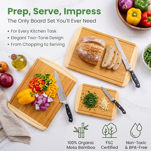 Organic Bamboo Cutting Boards for Kitchen Set of 3 with Lifetime Replacements – Premium Extra Large Wood Chopping Boards with Juice Grooves for Carving & Serving, Non-Toxic & Durable by Greener Chef