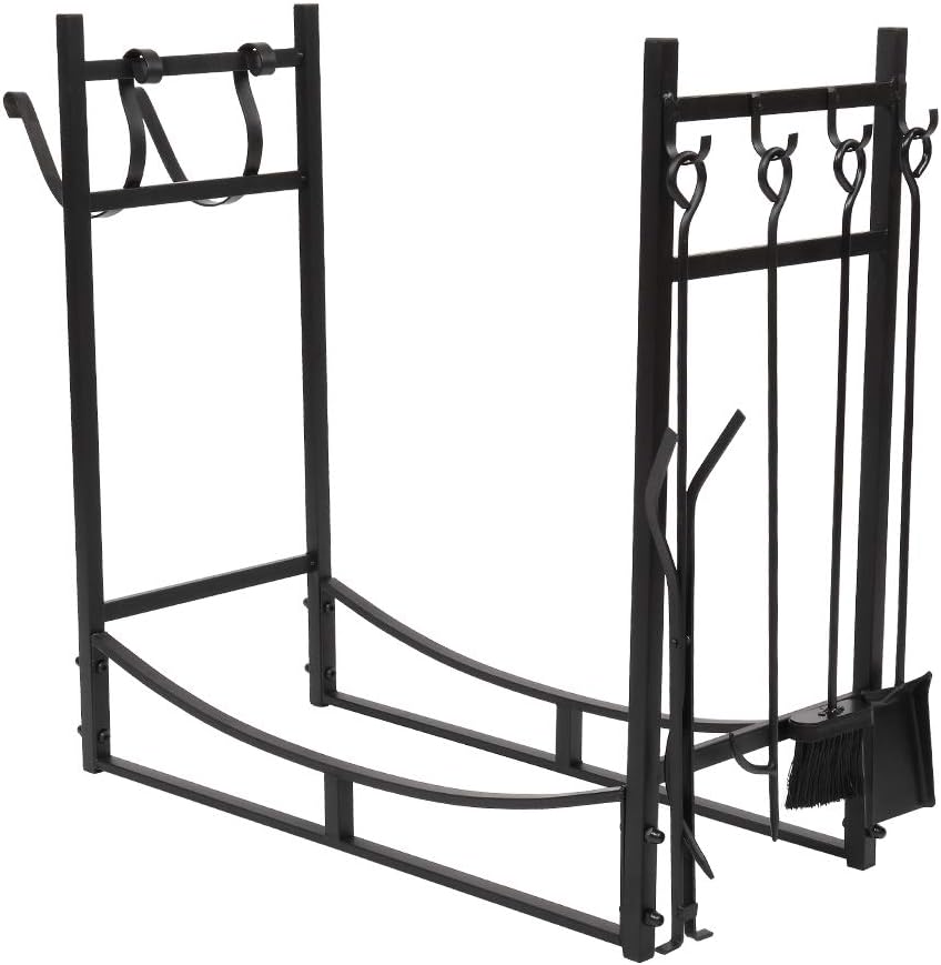 30" Heavy Duty Metal Firewood Rack Log Holder with Tool Set Indoor Fireplace Wood Storage Rack Outdoor Deck Fire Wood Holder Organizer for Firepit Stove Fire-Place