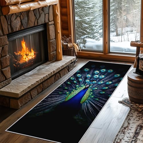 Peacock Runner Rug 3x9 - Hallway Runner Rug Blue Teal Bird Animal Pattern, Non Slip, Washable, Peacock Home Decor Carpet for Kitchen, Entryway, Bedroom, Laundry Room J538