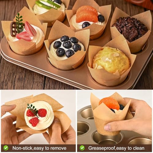 Image of Baking Paper Cupcake Mould - Unbleached Greaseproof Cupcake Paper Cups for Kitchen, Bakery, Cakes, Parties - Ideal for Baking and Serving Delights (100 Packs)