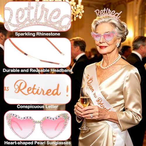 Srotmirw Retirement Party Decorations Retirement Gifts for Women - Rose Gold Rhinestone Retired Headband Tiara Sash and Sunglasses Set for Party Supplies Favors by Srotmirw - Used condition - Image 4