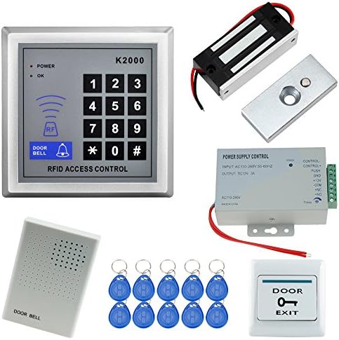 HFeng Door Access Control Entry System Kit RFID 125KHz Keypad Reader Power Supply Controller+60KG Magnetic Door Lock Door Bell 500 Users+10pcs RFID Key fobs Token