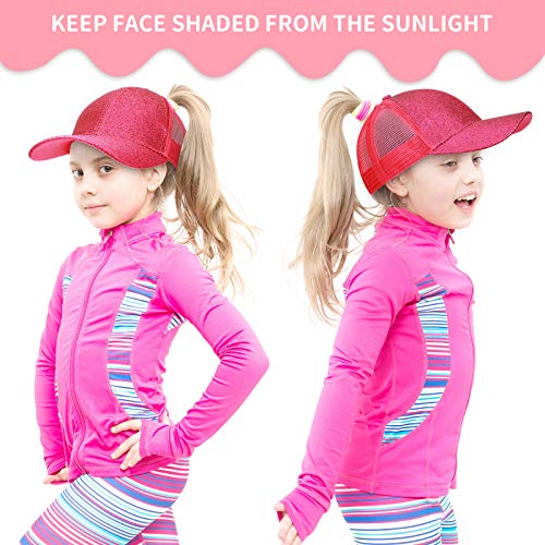 Geyoga Girls Baseball Hats Kids Glitter Ponytail Hats Adjustable Baseball Cap Shiny Little Girls High Messy Bun Baseball Hat (Black, Pink, Blue, Rose Red,4 Pieces) #TOP4