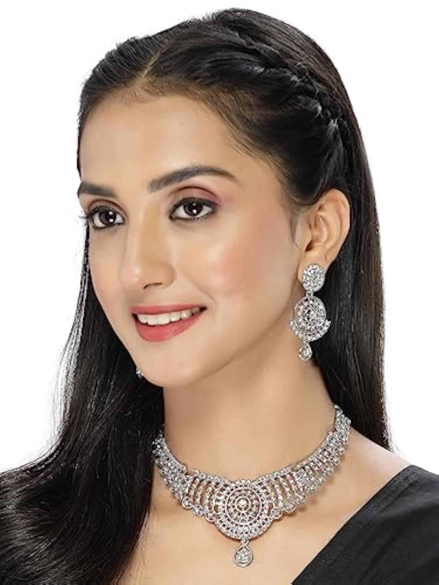 Rhodium Plated AD Stone Collar Bone Necklace Set And Earring