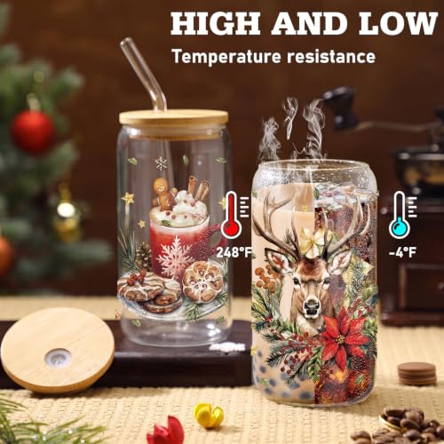 Teenyyou 12 Sets of Christmas Glasses Cups with Bamboo Lid and Glass Straw 16 oz Vintage Christmas Glass Jar Winter Drinking Cups Santa Snowman Elk Coffee Cup for Women Men Xmas Holiday Party Gifts by Teenyyou - Used condition - Image 4