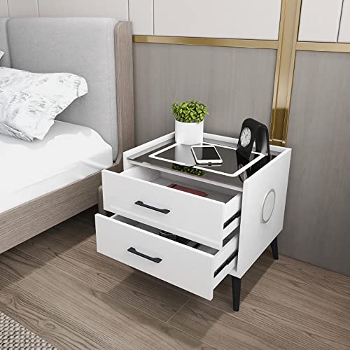 Nightstand, Multifunction Nightstand Audio Cabinet Nightstands Wireless Charging Station And Led Lights Modern End Side Table With 2 Drawer Nightstand Storage Cabinet For Bedroom (1, White) #TOP6