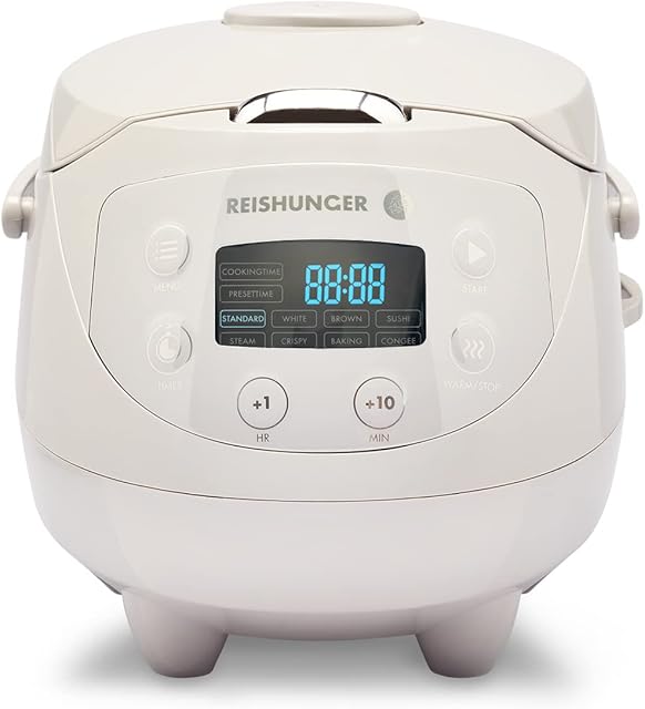Reishunger Digital Mini Rice Cooker & Steamer - Grey - Keep Warm Function & Timer - Premium Inner Pot - Small Multi Cooker with 8 Programmes & 7-Phase Technology