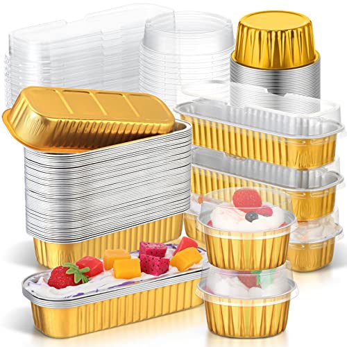 100 Pcs Mini Loaf Pans With Lids And Cupcake Liners With Lids, 50 Rectangle Aluminum Foil Baking Pans Disposable Tin Loaf Pans 50 Round Foil Cupcake Cups Foil Baking Cups For Cake Bakery (Gold) #TOP20