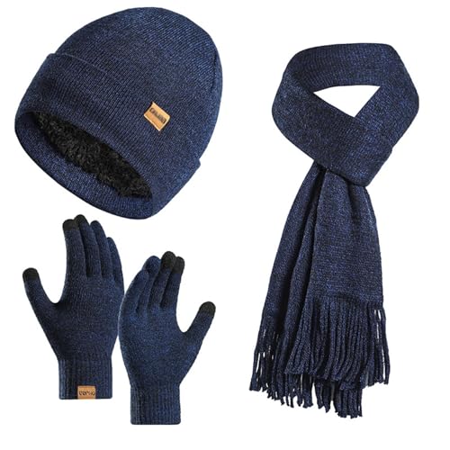 Enwokran Invierno Sombrero Bufanda Guantes Hombres Set 3 en 1,Beanie Bufanda Larga Lana Gorros Pantalla Táctil Mitones para Hombre Mujer Deportes al Aire Libre (Marina)