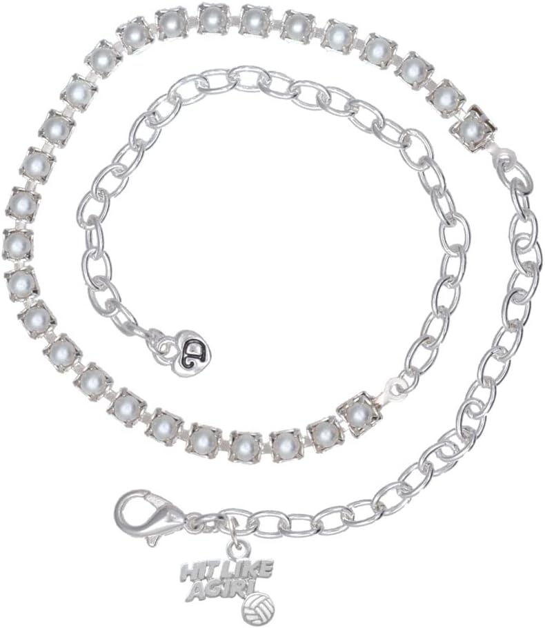 Delight Jewelry Silvertone Hit Like a Girl with Enamel Volleyball Imitation Pearl Chain Wrap Charm Bracelet, 14"