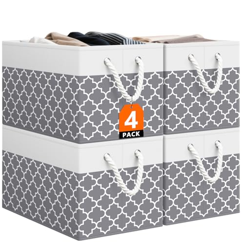 StorageTastic Storage Bin,Collapsible Storage Basket For Organizing,Large Storage Boxes With Rope Handles,Storage Containers,Clover Grey,4 Pack