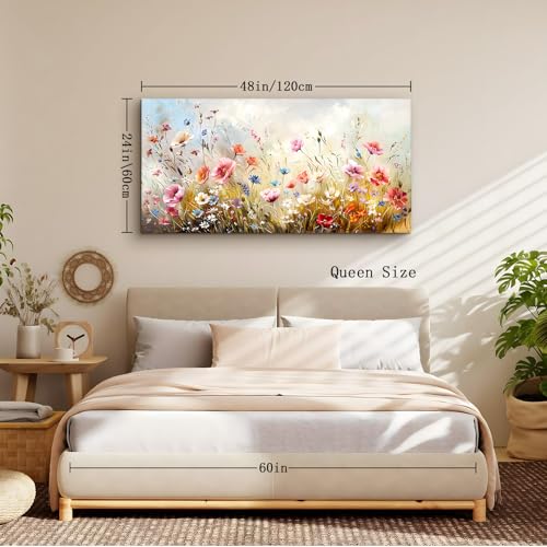 crmotu Large Wall Art for Living Room, Flower Market Botanical Prints, Floral Nature Decor Canvas Pictures, Meadow Wildflower Rustic Home Decorations, Modern Bedroom Farmhouse Wall Decor 24"X48"