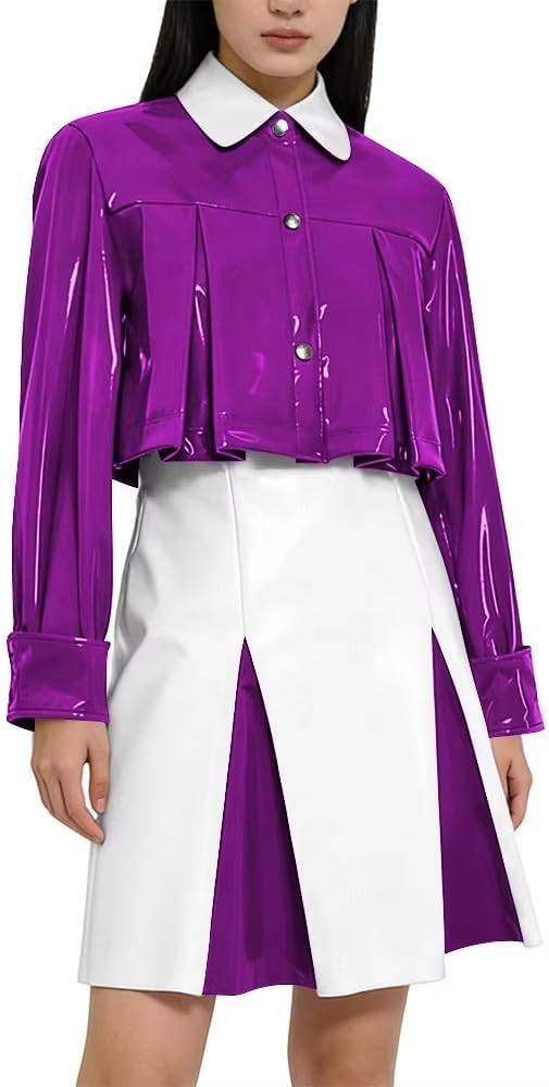 Y2K Shiny PVC Glossy Contrast Color Short Dress Set High Waist Cocktail Skirt