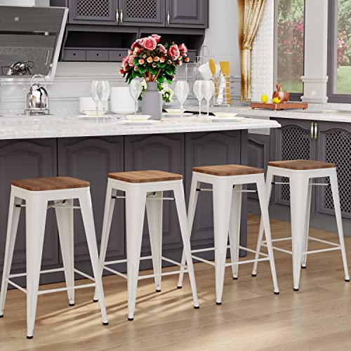 Tongli 24 inch Bar Stools Set of 4 Stackable Counter Height Bar Stool Backless Metal Barstools White Cream Counter Stools Indoor for Kitchen & Island&Dining Chairs Set of 4