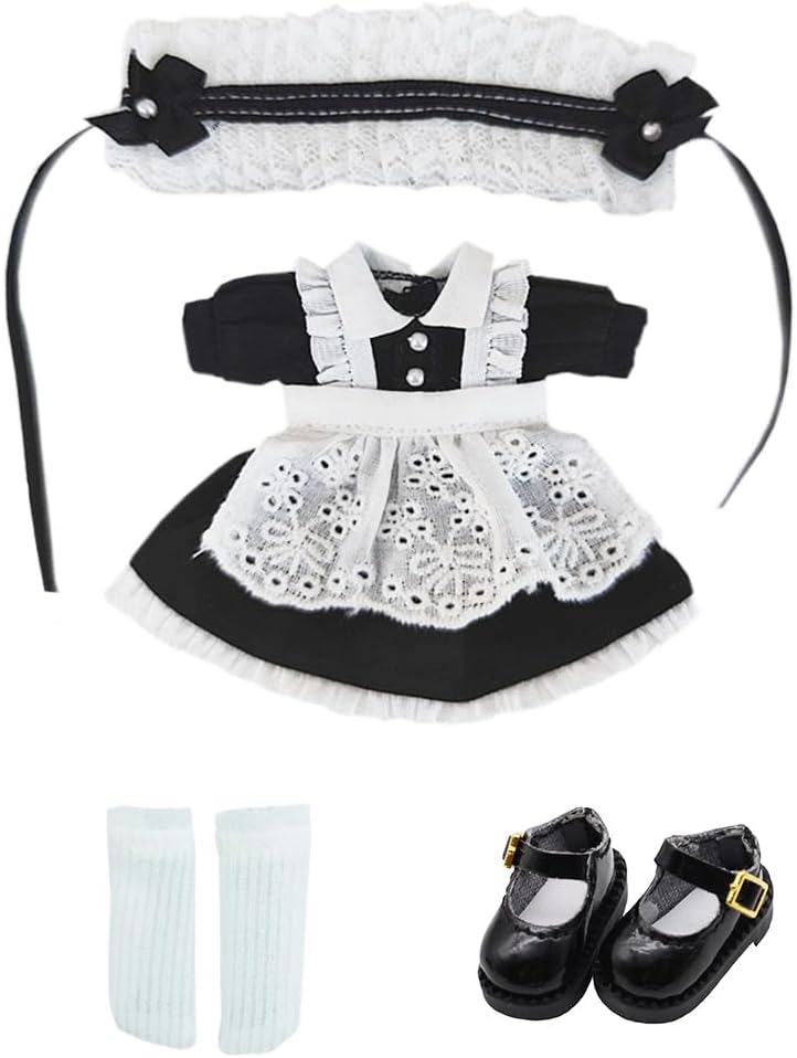 niannyyhouse 1/12 BJD Doll Clothes Headwear Dress Apron Shoes Socks Maid Outfit OB11 4.3in Action Figures Doll Dressup (Black)