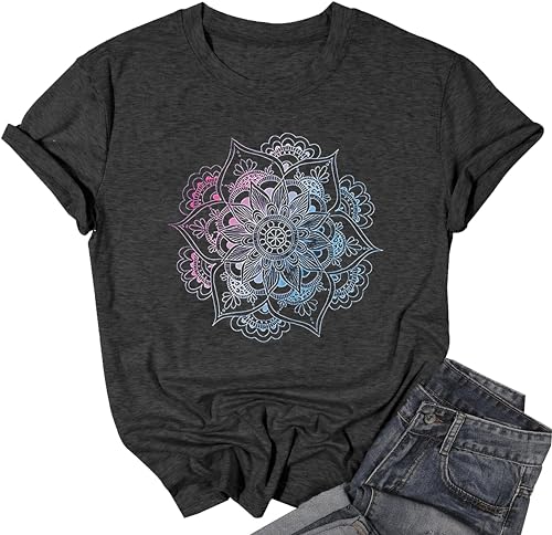 Vintage Boho Graphic Tees for Women Summer Round Neck Nature Cottagecore Tee Tops