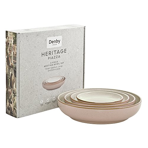 Denby Heritage Piazza 4 Piece Nesting Bowl Set, Stone, Blush Pink, 24 x 24 x 5.5 cm