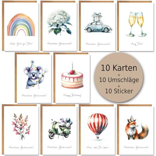 Schildbürger 10 Glückwunschkarten Hochglanz Set mit Umschlägen und Stickern passend zu allen Anlässen A6 Postkarten Geburtstag Geburt Taufe Hochzeit Jubiläum (Aquarell)