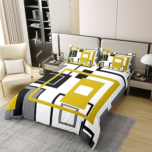 100% Organic Cotton Abstract Duvet Cover Geometric Square Striped Bedding Set Black White Yellow Grey Comforter Cover for Kids Adults,Modern Simple Bed Set 2 Pillow Cases Double Size - Image 3