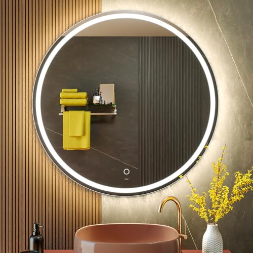 KWW 90 cm LED Runder Badezimmer Eitelkeitsspiegel, Farbtemperatur Einstellbar, Anti-Nebel Dimmbare Lichter… – Ansicht 1