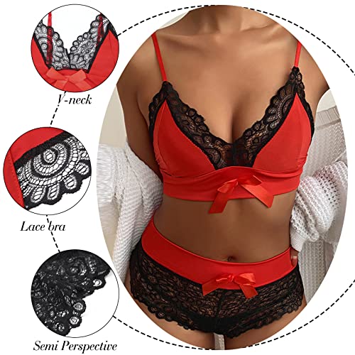 Conjunto-Lenceria-Sexy-Mujer-Ropa-Dormir-Encaje-Babydoll2-Piezas-Sujetador-Push-Up-y-Bragas-Tanga-TransparentePajarita-Correas-Ajustables-Ropa-Interior-Navidad-HalloweenRojo-Negro-Naranja
