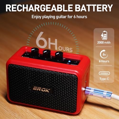EROK Mini Electric Guitar Amplifier, with Clean Overdrive Effects,Support BT/Headphone Connection,5W Indoor Music Pratice Speaker (Red)