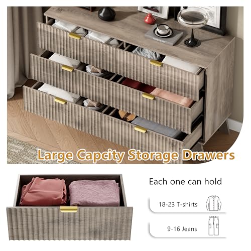 Image of Wodeer 6 Drawer Fluted Dresser for Bedroom, Mid Century Modern Wooden Dresser with 6 Drawers, Dressers & Chests of Drawers with Metal Handle, TV Stand & Storage Organizer for Entryway, Hallway, Grey