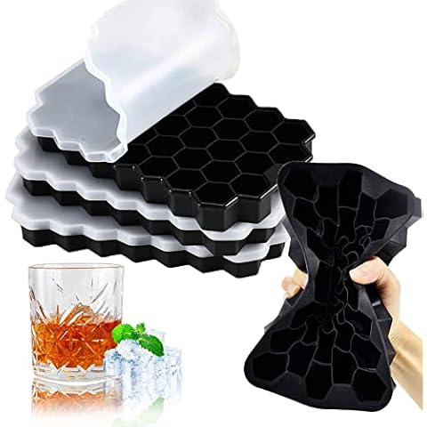 VoJoPi Ice Cube Tray, 3 Pack Silicone Ice Cube Moulds with Stackable Lids, Easy Release Silicone and Each Makes 37 Hexagonal Ice Cubes, Keep Gin, Drinks, Whiskey, Cocktails Cool and Fresher, Black Cover