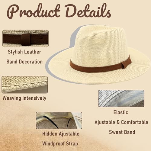 Panama-Hut für den Sommer, Panama-Strohhut für Damen und Herren, Unisex, breite Krempe, UPF 50, faltbar, intensiv geflochten, beige, One size