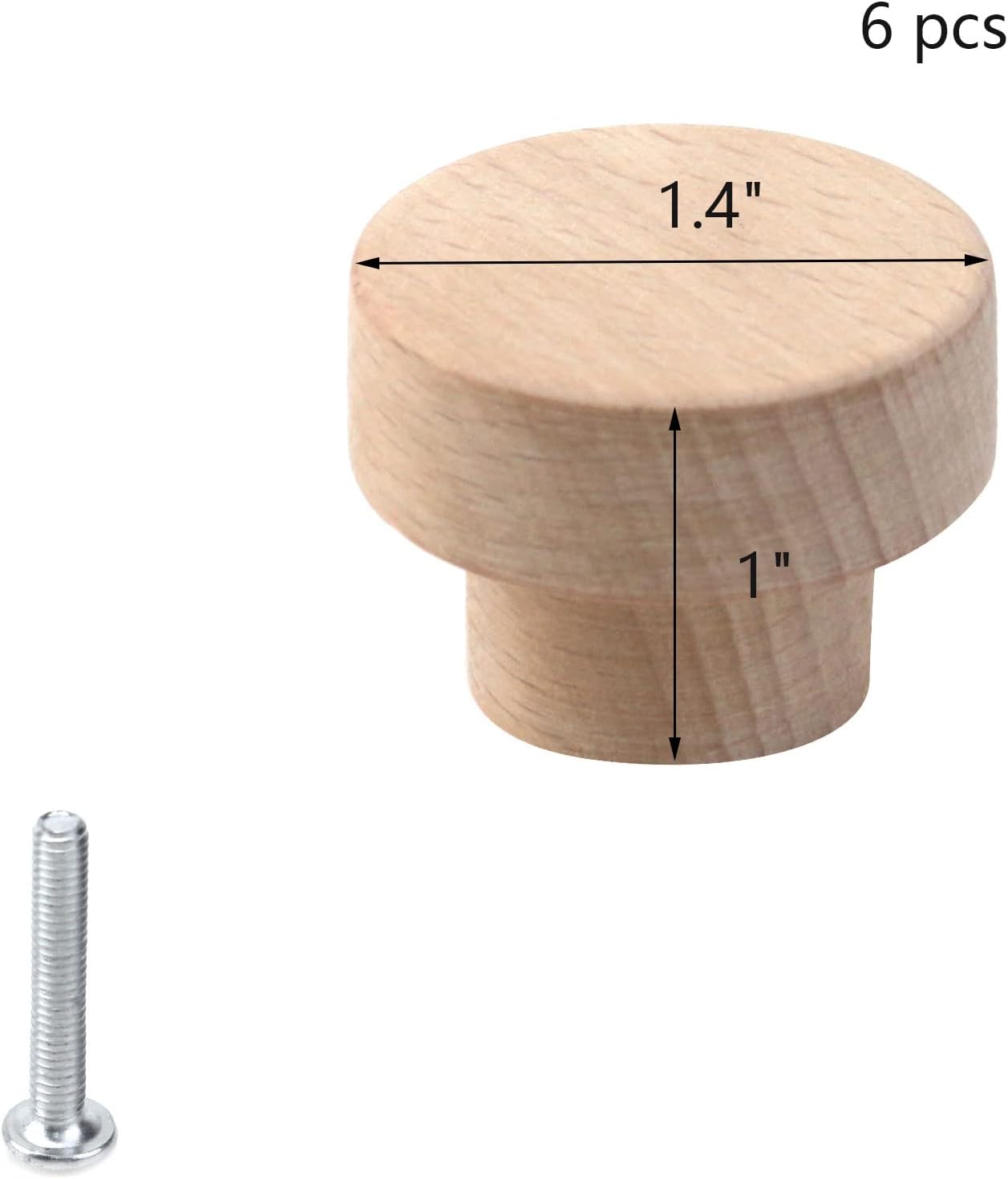 Wealrit 6 Pcs Unfinished Round Wood Cabinet Knobs, Wooden Drawer Knobs with Screws Flat Top Knobs for Dresser Wardrobe Cupboard