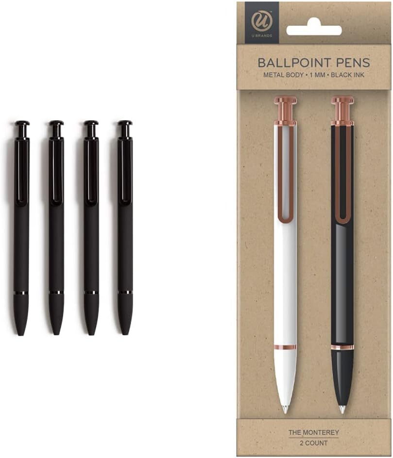 U Brands Soft Touch Midnight Monterey Ballpoint Pens, 1 mm, 4 Count (5136E06-24) & 'The Monterey' Retractable Ballpoint Pen, Black and White, Black Ink, 2-Pack