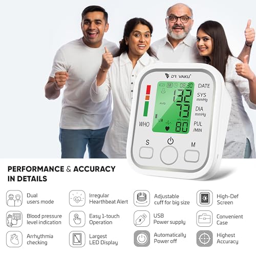 Image of DR VAKU BP Monitor Fully Automatic Blood Pressure Machine to Check Digital Accurate Level for Home Monitoring Device with Talking Function, Large Display + Cuff Kit Best Accurate Apparatus Measurement with 20w PD Adapter- White