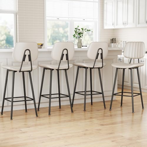 Image of Raynesys 29-Inch Leather Bar Stools Set of 4 with High Backrest, Beige