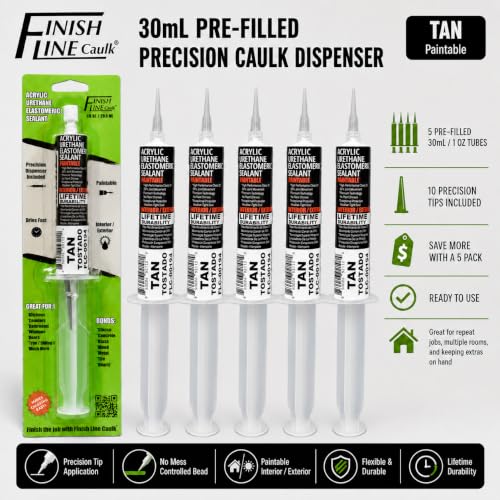 Image of Finish Line Caulk 30mL Pre-Filled Precision Caulk Applicator Tan 5-Pack | Clean, Controlled Application with Less Mess and Rework