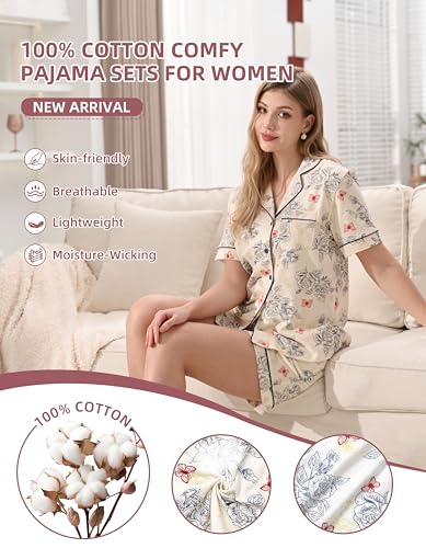 Image of NAP BOUND 100% Cotton Pajamas for Women Sets 2 Pieces Pjs Button short sleeves with Pockets Soft Sleepwear Loungewear XS-XXL