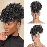 SuyiIRL Afro Puff Drawstring Ponytail with Bangs Drawstring Ponytail for Black Women Kinky Curly Hair Clip in Bangs Short Ponytail Extensions Updo Hairpieces Natural Hair Ponytail