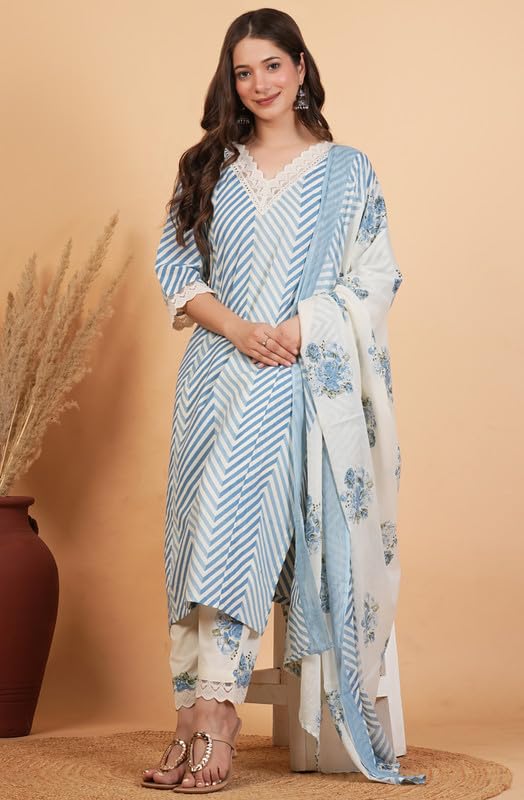 Image of rytras Women Pure Cotton Printed Straight Kurta Set with Palazzo pants & dupatta|Ethnic wear|Kurti Suit Set for Women