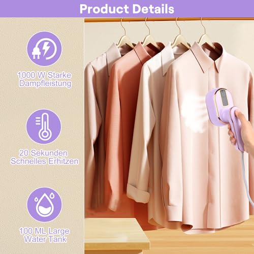 Dampfbügeleisen,1000W Reisebügeleisen mit LED-Anzeige & 4-Stufen-Dampf, Steamer Dampfglätter 20 Sekunden Schnelles Aufheizen, Dampfbügler mit 100ml Wassertank, Dampfbügler für Zuhause Reise