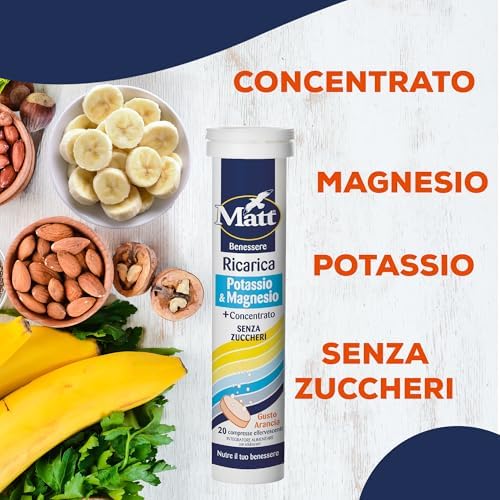 Matt, Ricarica Potassio & Magnesio, Integratore Alimentare di Potassio e Magnesio, Contribuisce alla Riduzione della Stanchezza e Affaticamento, Confezione da 20 Compresse Gusto Arancia, 80 g - Immagine 2