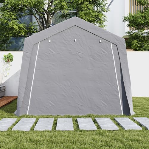 Outsunny Gerätehaus mit Satteldach wasserdicht Gerätezelt mit Türen, Fenster, Anti-Staub-Fahrradabdeckung, Foliengerätehaus Fahradgarage für Terrasse Garten, 300 x 447 x 255 cm, Hellgrau